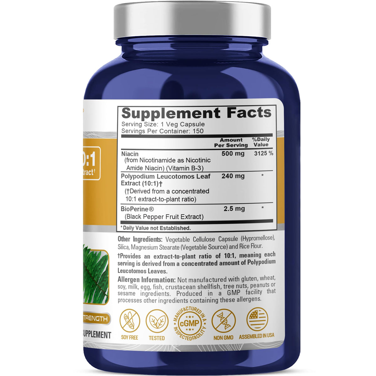 Dosage des capsules de NusaPure Polypodium Nicotinamide, 240mg par portion