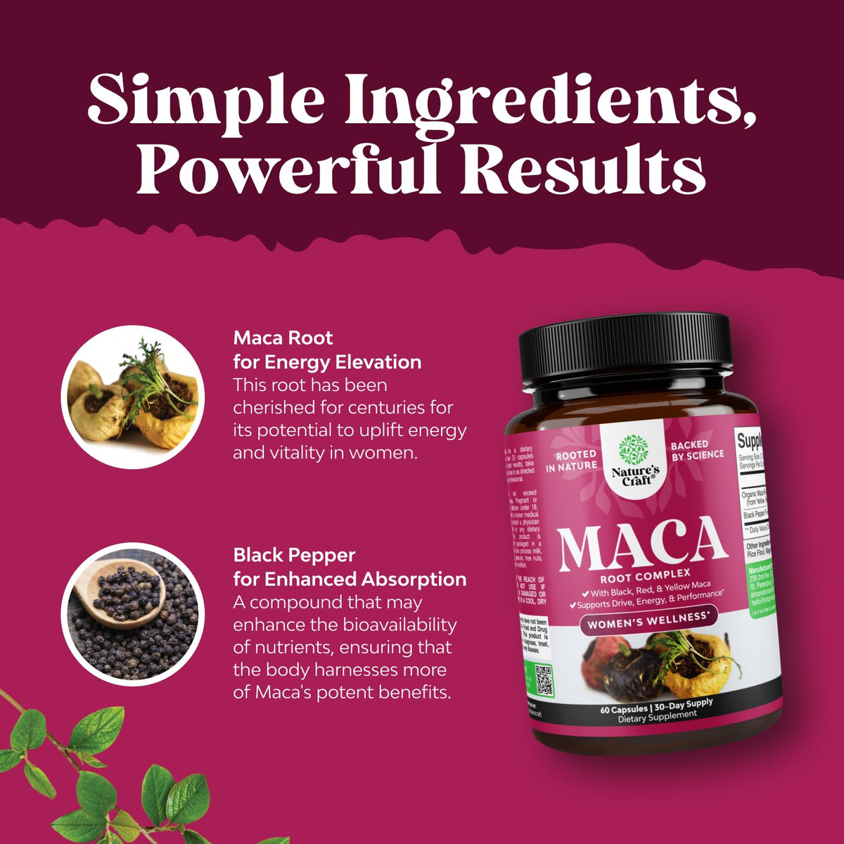 Dosage des capsules de racine de maca Natures Craft, 60 comprimés