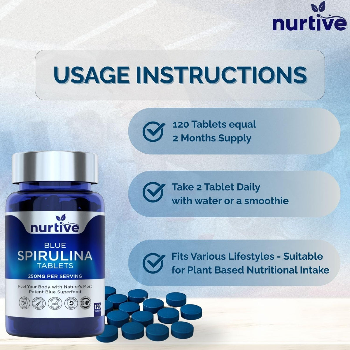Dosage des tablettes de spiruline bleue NURTIVE