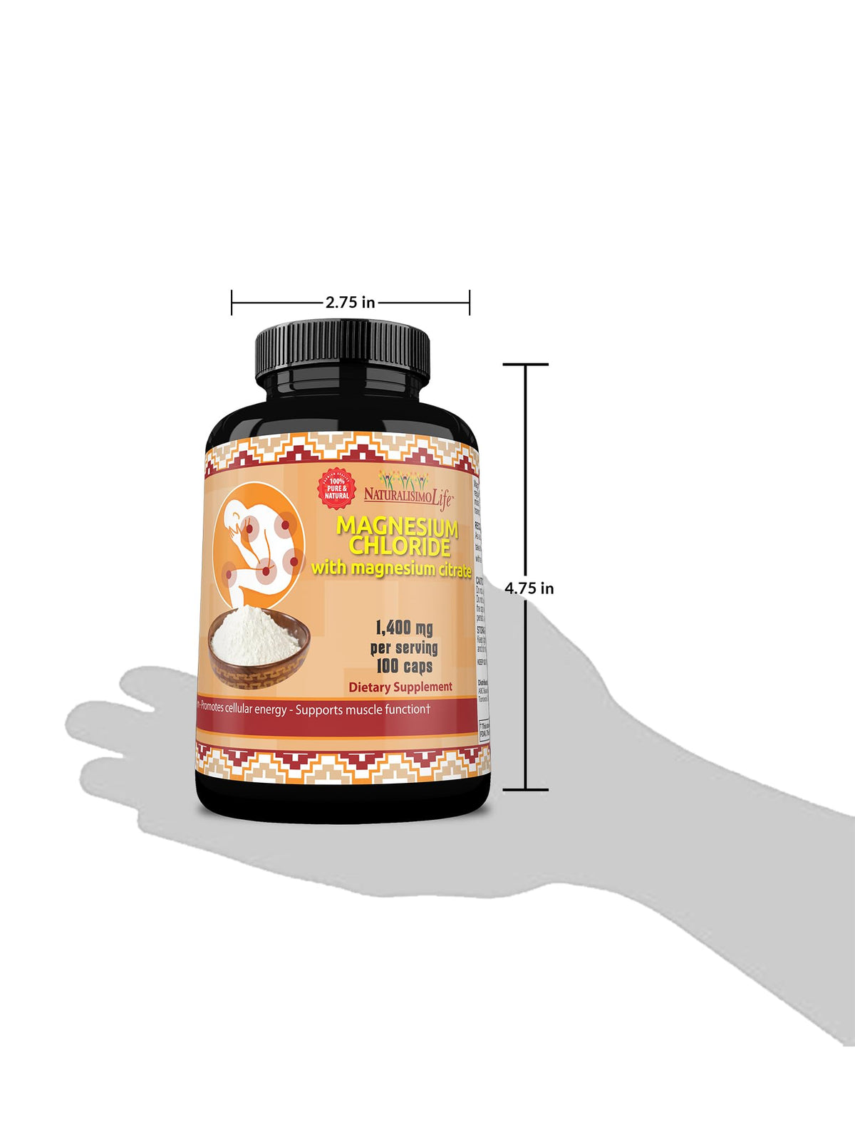 Dosage du chlorure de magnésium NaturalisimoLife 1 400 mg avec étiquette