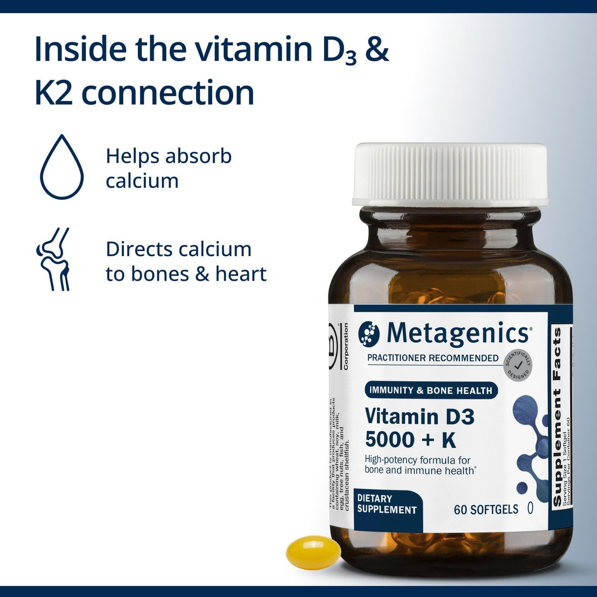 Dosage quotidien de Metagenics Vitamine D3 et K2 5 000 UI, gélule ouverte