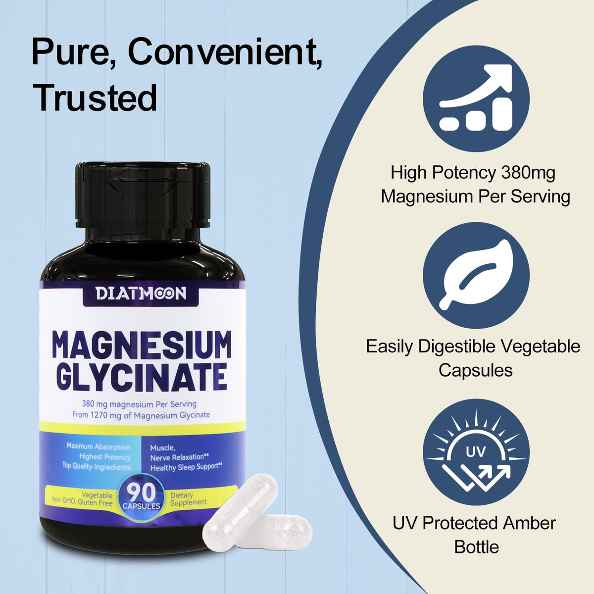Dosage recommandé de 2 capsules de glycinate de magnésium DIATMOON