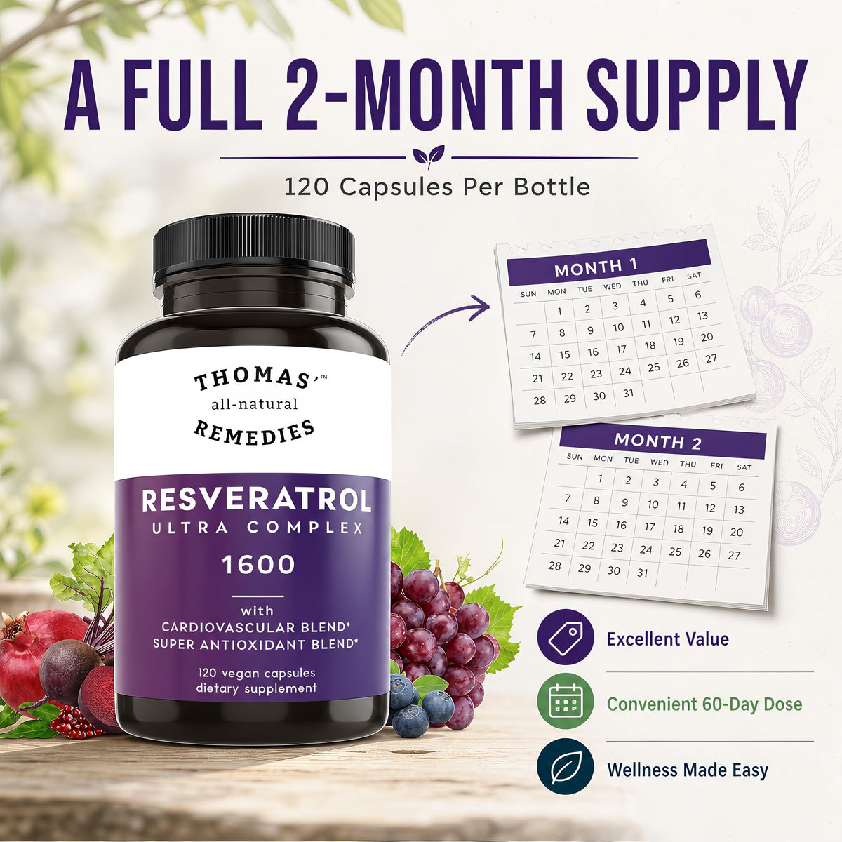 Dosage recommandé de 2 capsules de Trans-Resvératrol 1600mg