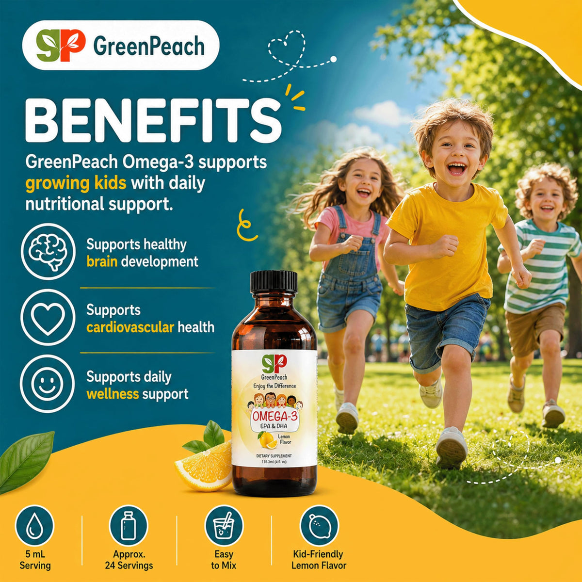 Dose de 5ml de GreenPeach Omega 3 pour Enfants sur une cuillère