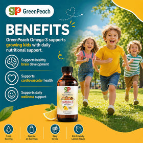 Dose de 5ml de GreenPeach Omega 3 pour Enfants sur une cuillère