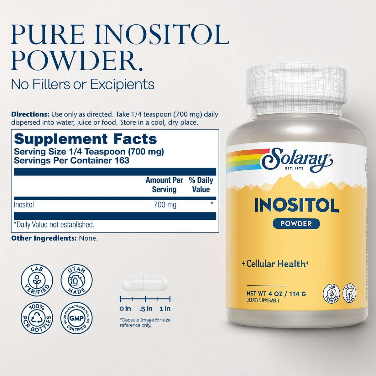 Dose de ¼ cuillère de poudre d'inositol SOLARAY