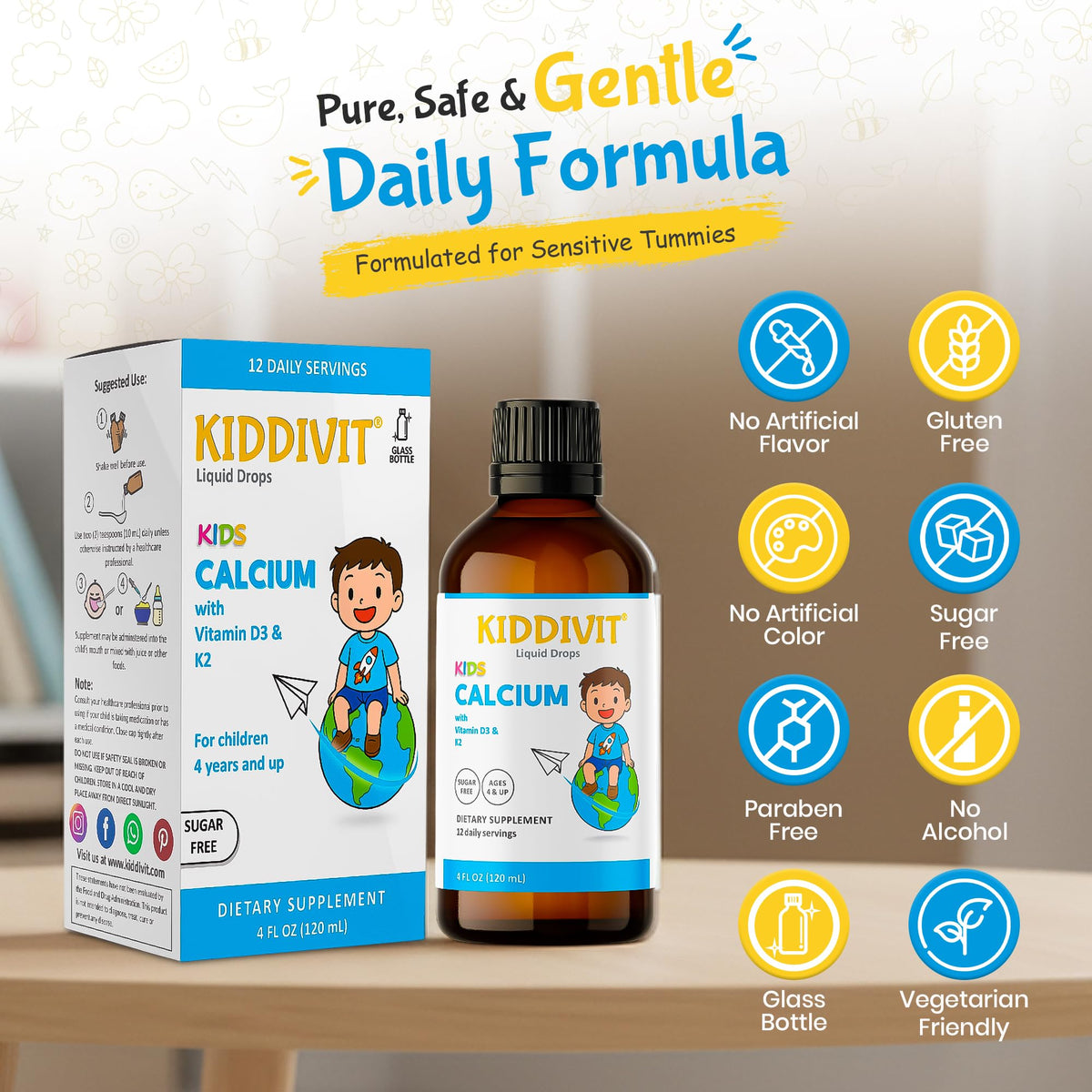 Doser de Kiddivit Calcium Liquide pour Enfants avec liquide visible