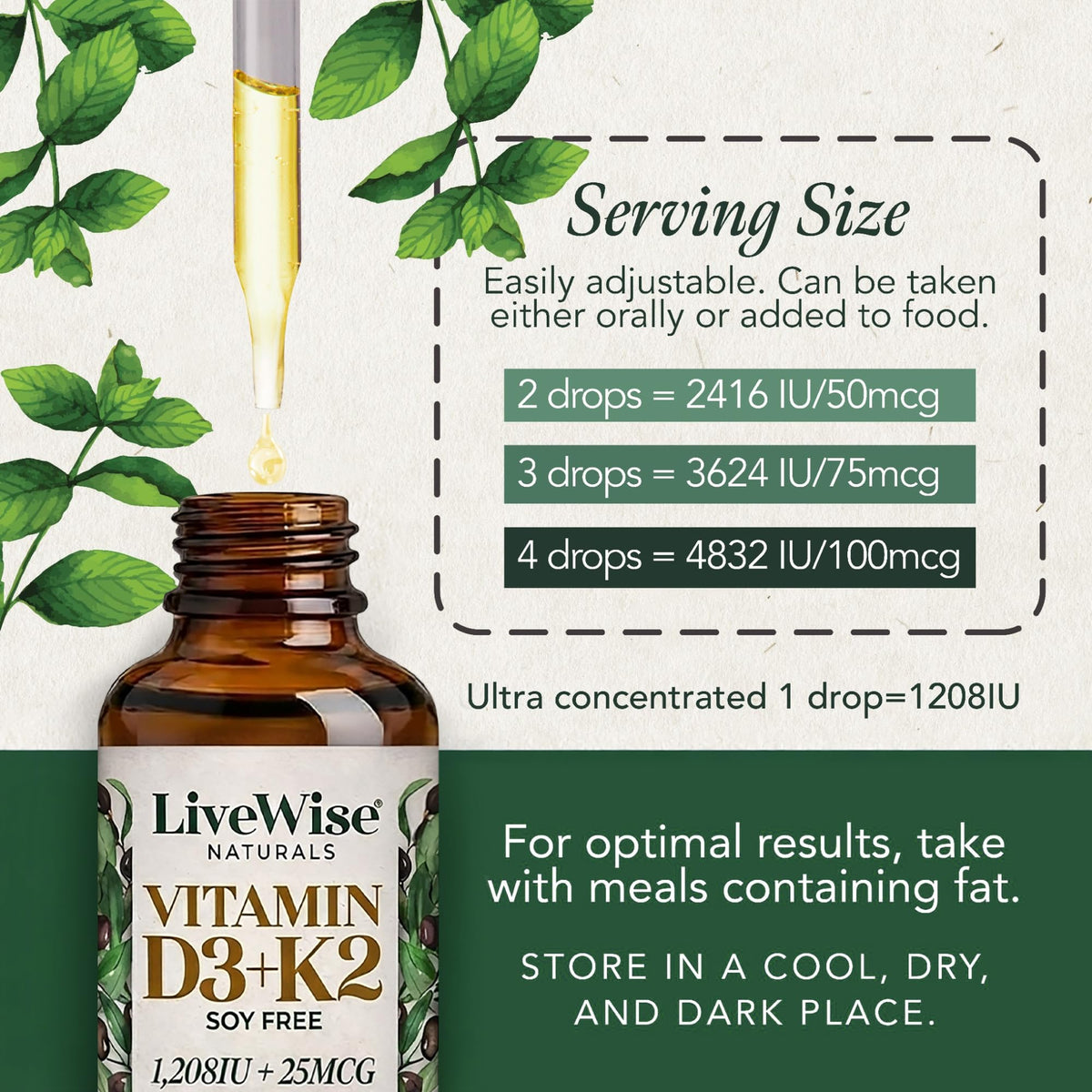 Doses de gouttes de vitamine D3 K2 Live Wise Naturals sur une cuillère