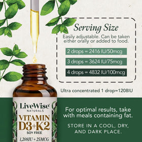 Doses de gouttes de vitamine D3 K2 Live Wise Naturals sur une cuillère