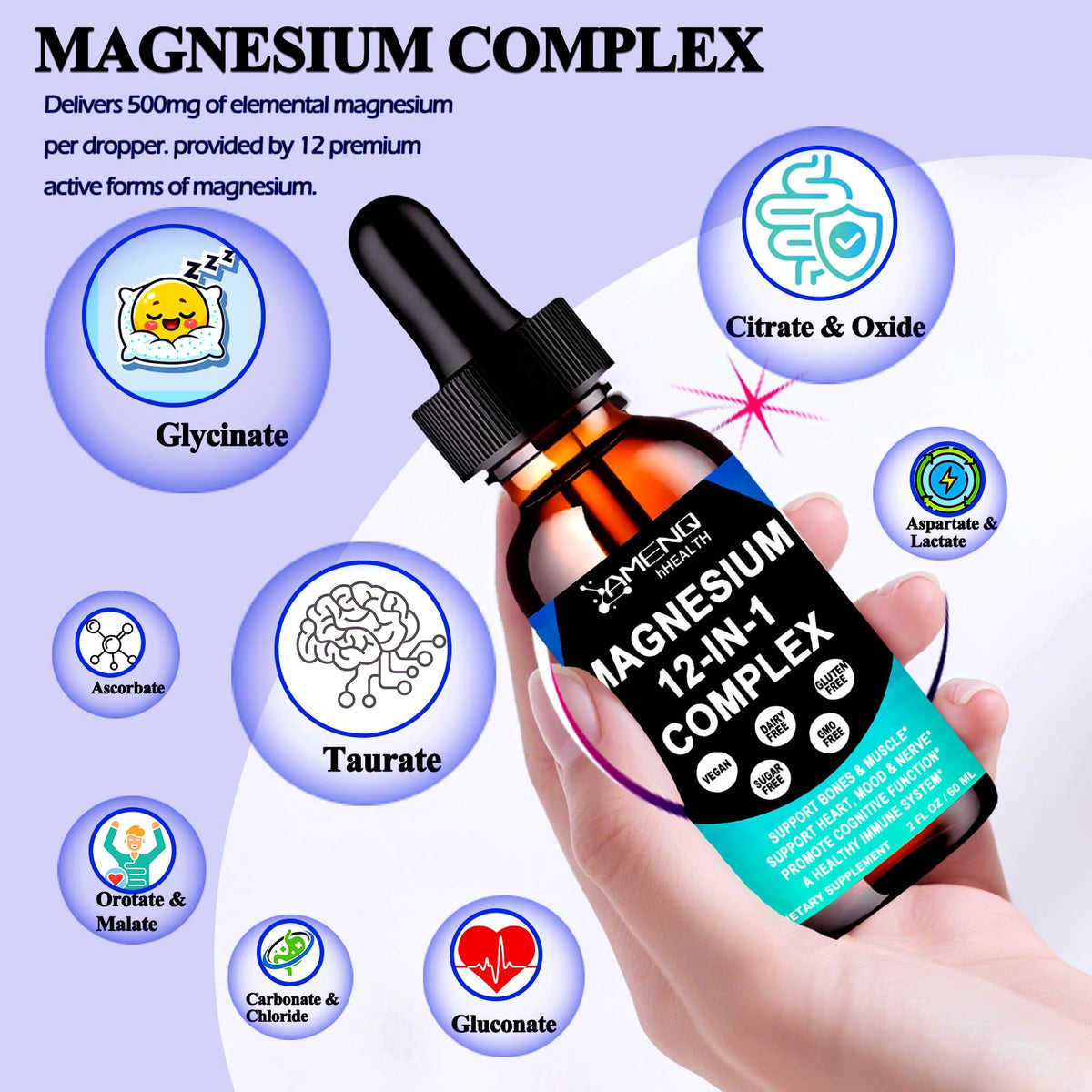 Doses liquides de magnésium 12 en 1 AMENQ hHEALTH avec étiquette
