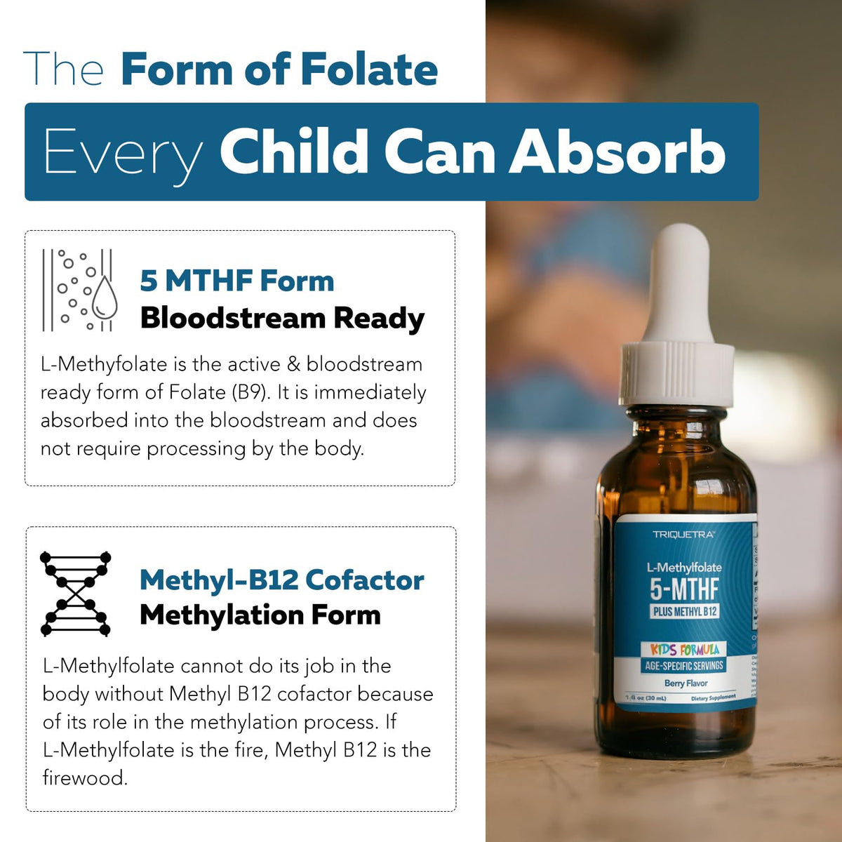 Doseur de Triquetra Health Kids L-Méthylfolate avec liquide à l'intérieur