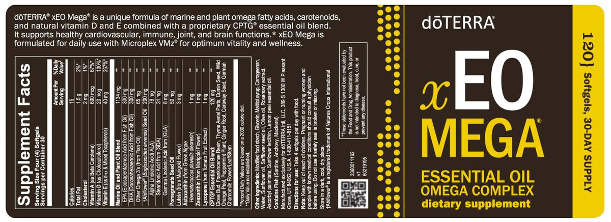 doTERRA xEO Mega 120 capsules avec ingrédients en arrière-plan