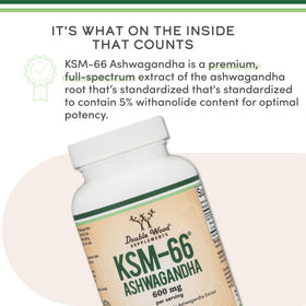 Double Wood Ashwagandha 600 mg capsules sur un fond blanc