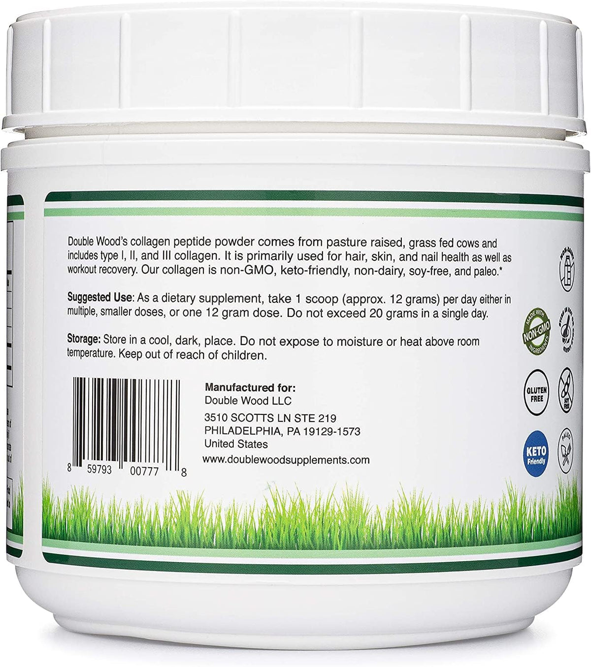 Double Wood Collagen Peptides Poudre 560g dans un bol avec une cuillère