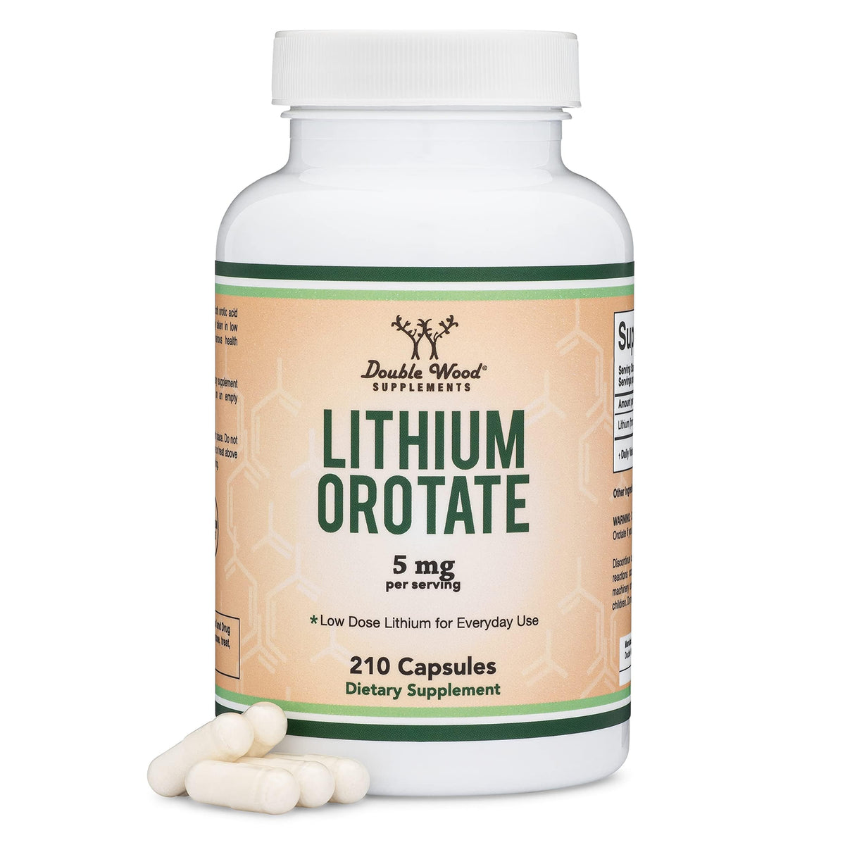 Double Wood Lithium Orotate 5mg 210 capsules, vue de face