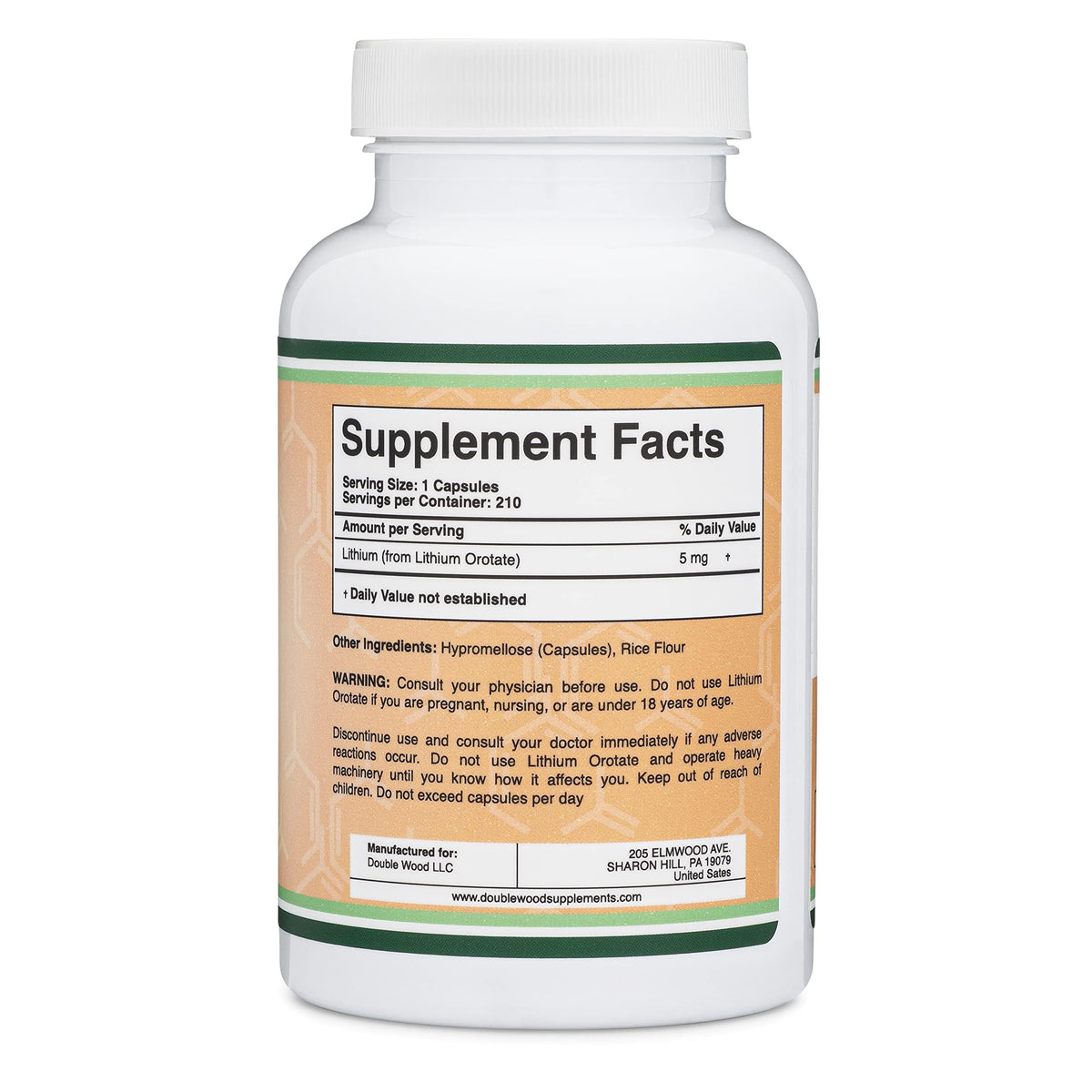 Double Wood Lithium Orotate 5mg, capsules dans le flacon
