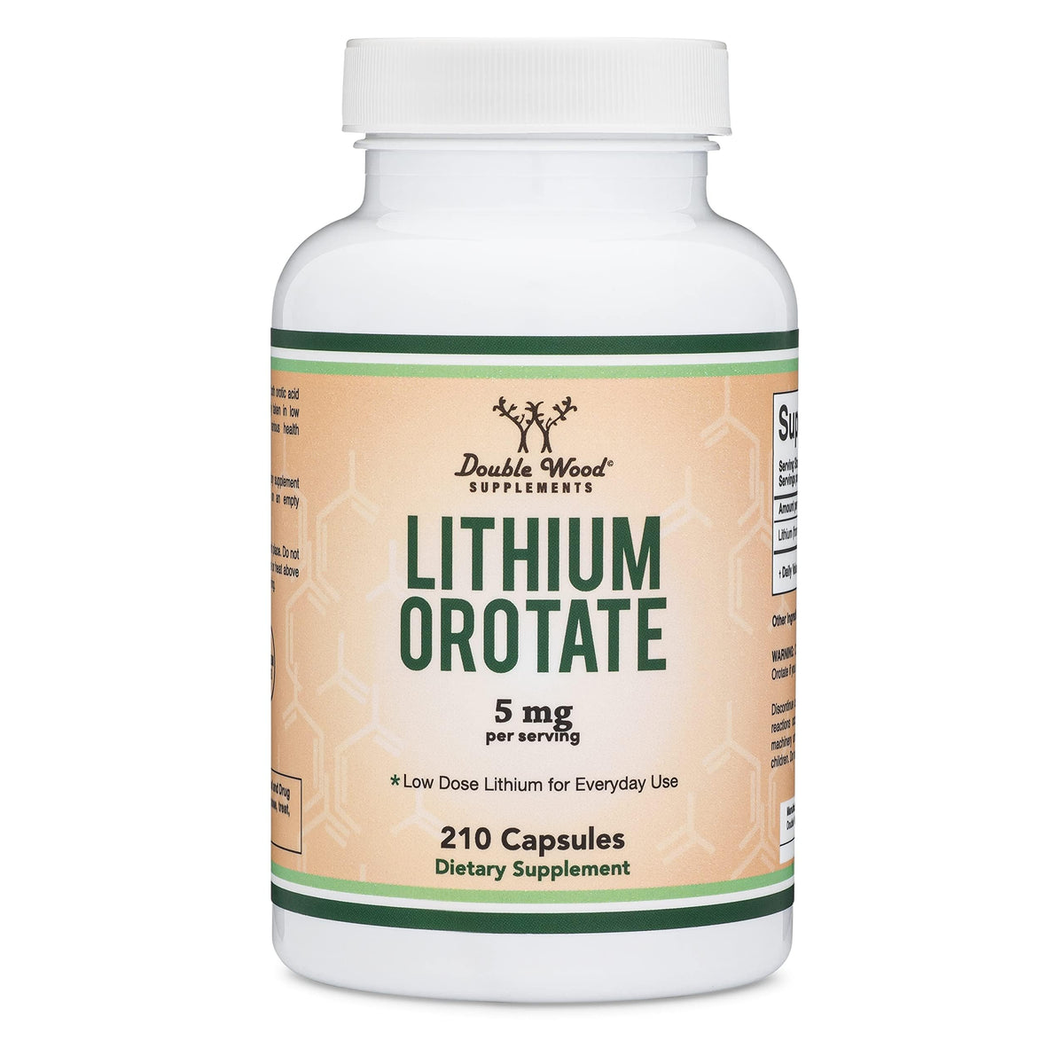 Double Wood Lithium Orotate 5mg, capsules sur une surface blanche
