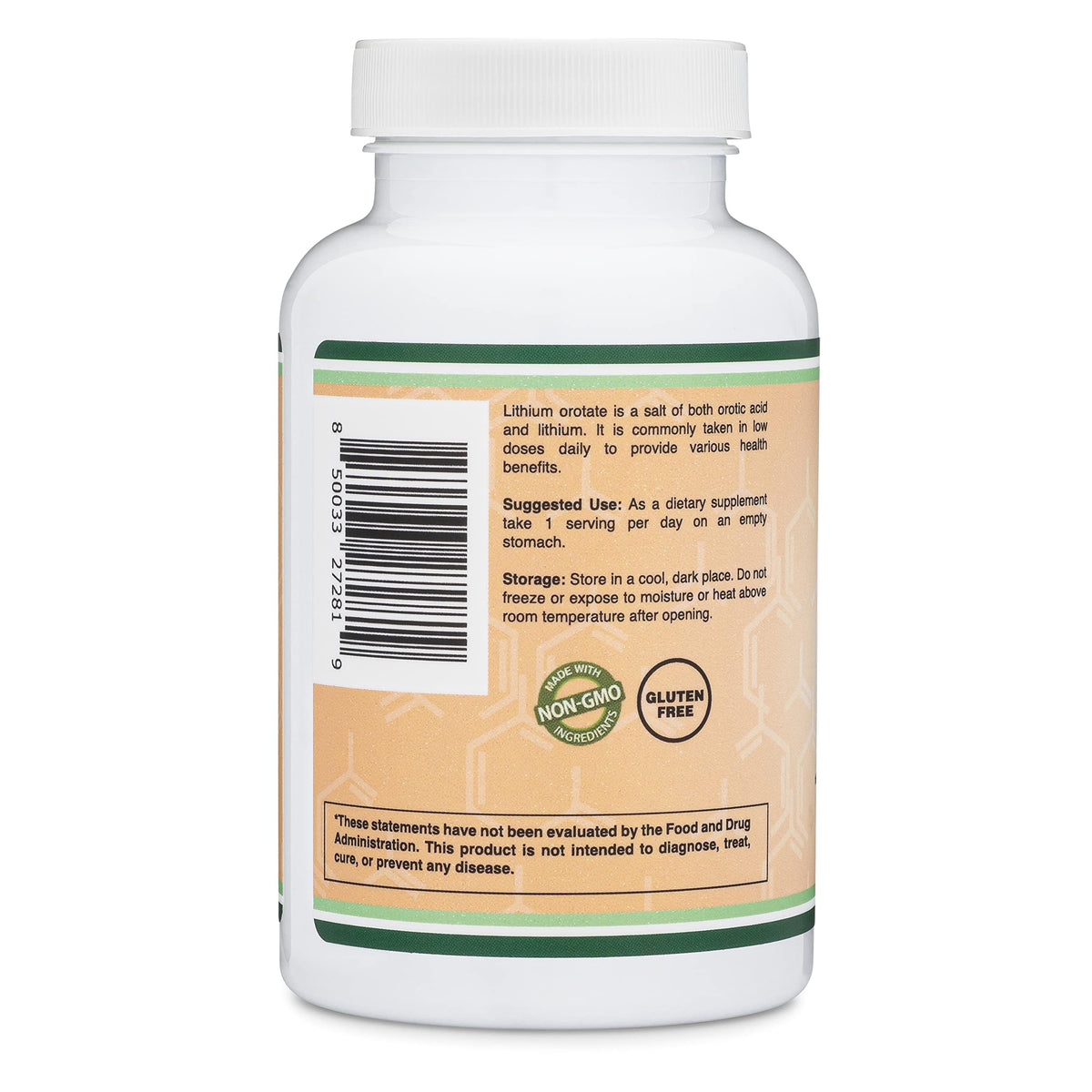 Double Wood Lithium Orotate 5mg, vue de côté du flacon