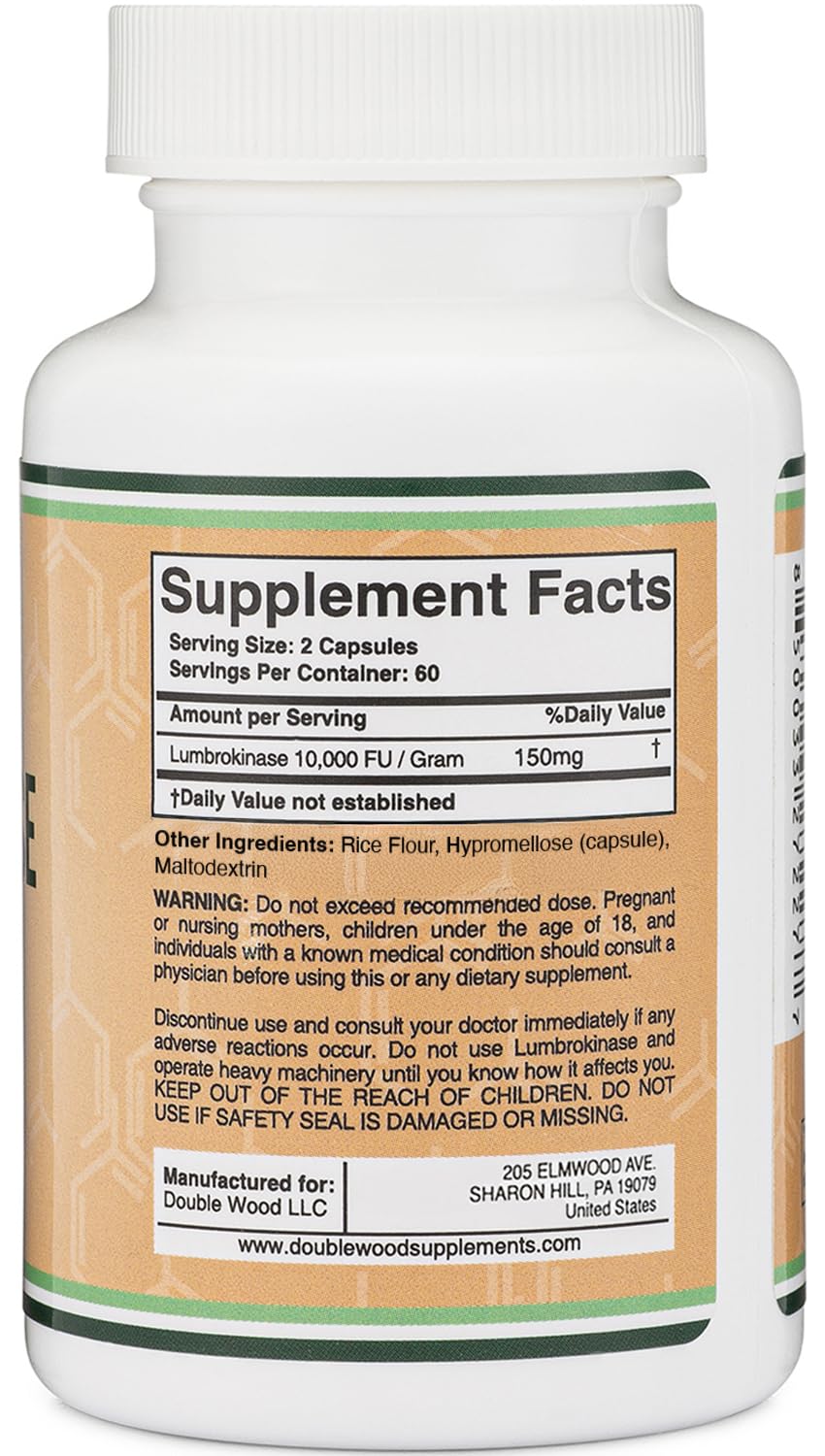 Double Wood Lumbrokinase 150mg 60 capsules - étiquette