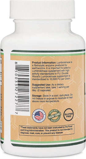 Double Wood Lumbrokinase 150mg - capsules sur un fond blanc