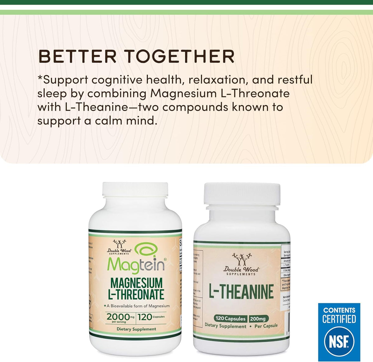 Double Wood Magnesium L-Threonate 2000mg sur un fond blanc