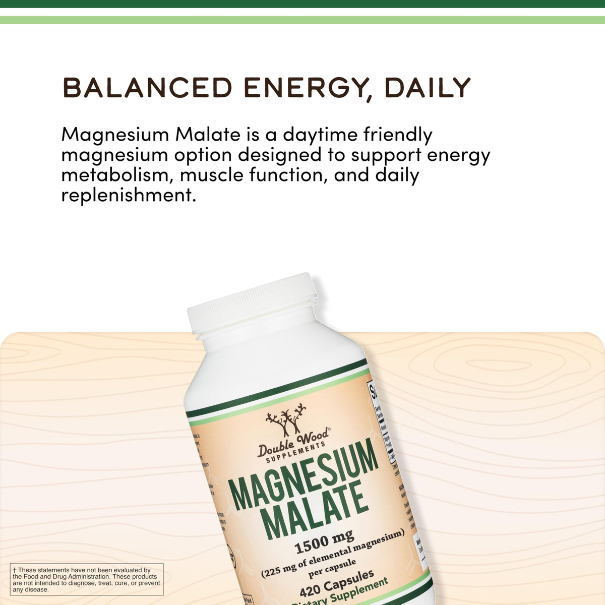 Double Wood Magnésium Malate 1 500 mg capsules à proximité d'un verre d'eau