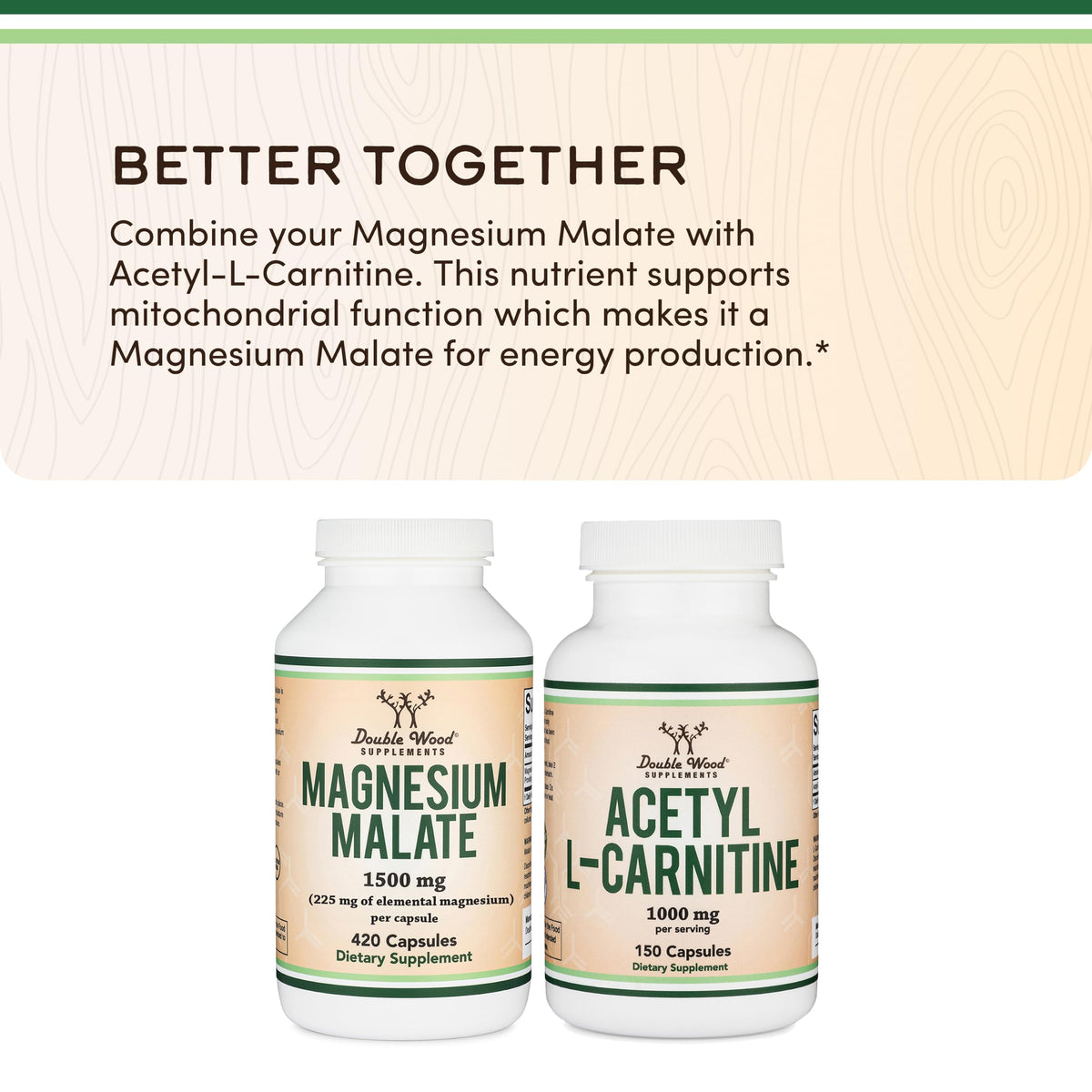 Double Wood Magnésium Malate 1 500 mg vue arrière de la bouteille