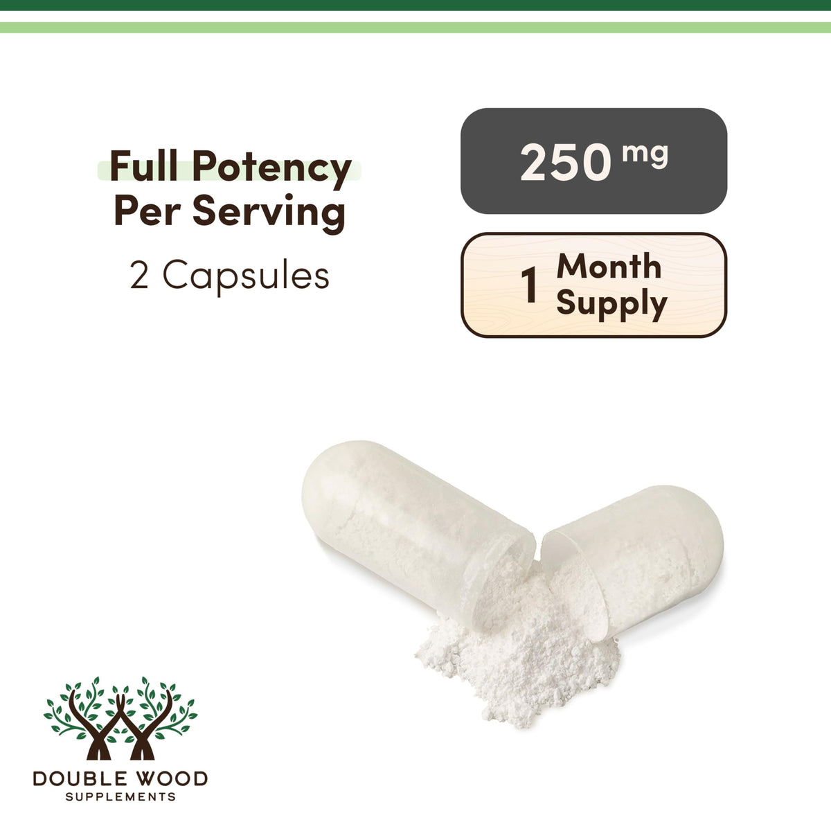 Double Wood NMN 250mg gélules ouvertes pour montrer le contenu