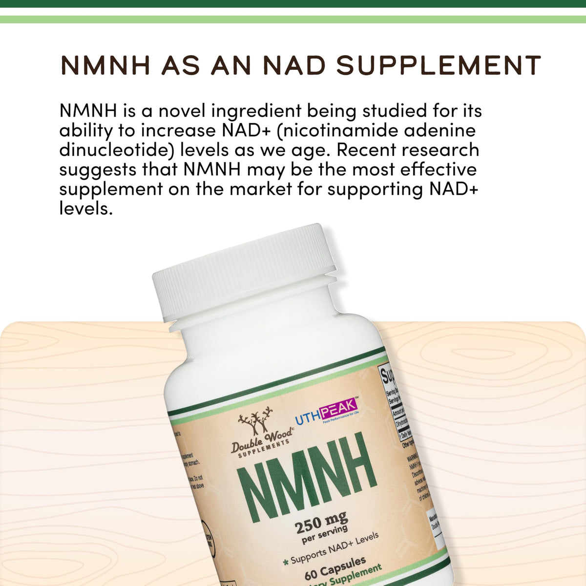 Double Wood NMNH 250mg capsules sur une surface blanche