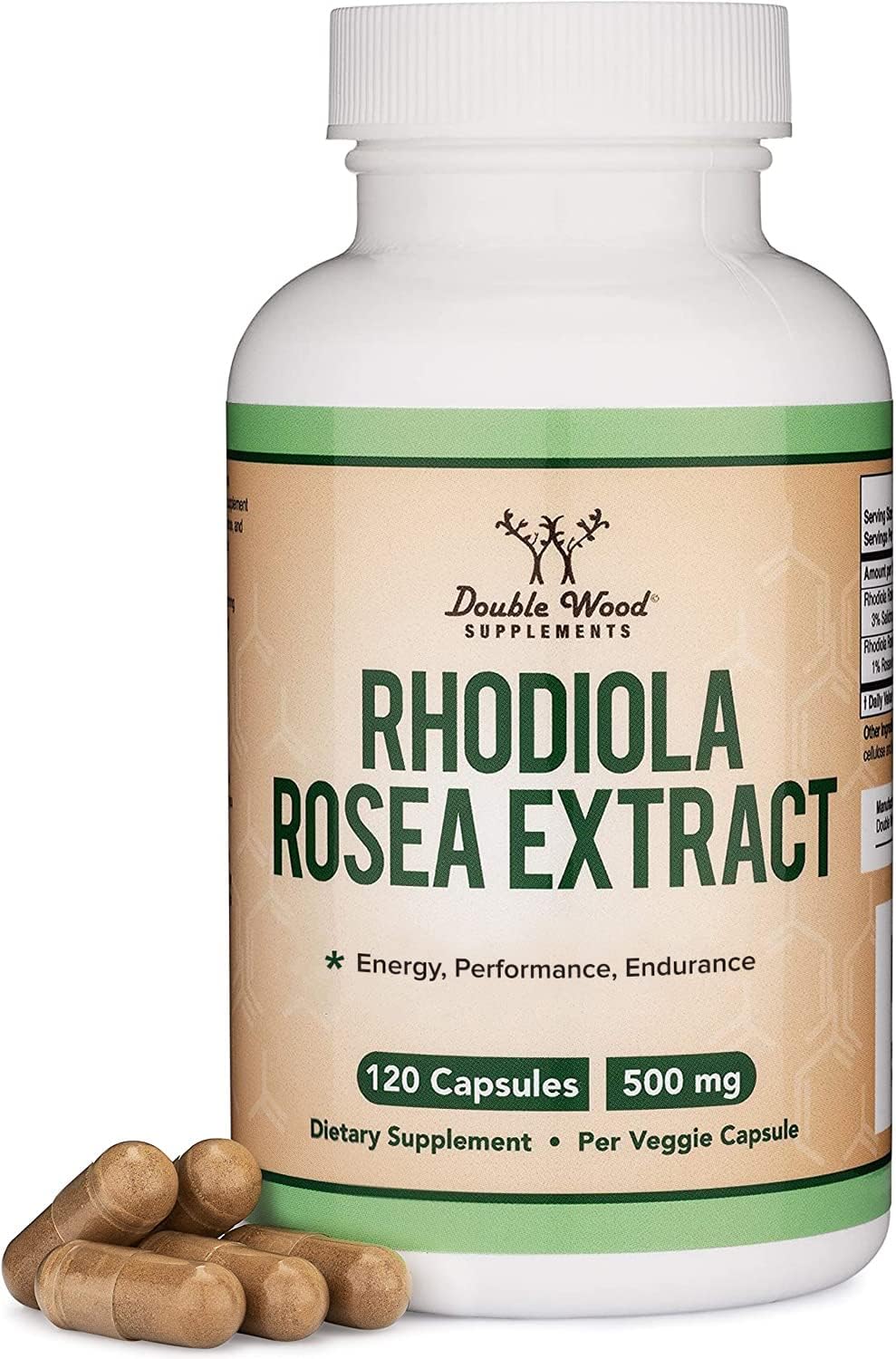 Double Wood Rhodiola Rosea 500mg capsules front view