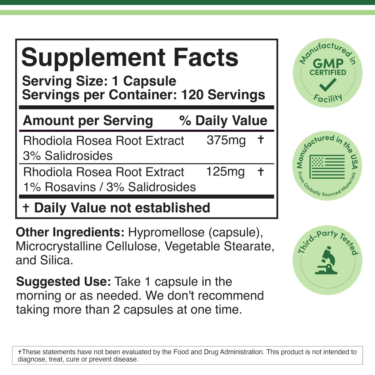 Double Wood Rhodiola Rosea 500mg capsules side view