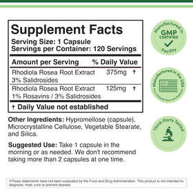 Double Wood Rhodiola Rosea 500mg capsules side view