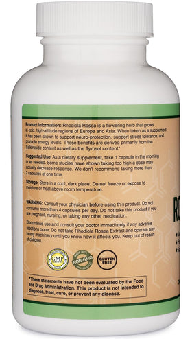 Double Wood Rhodiola Rosea 500mg capsules with a measuring spoon