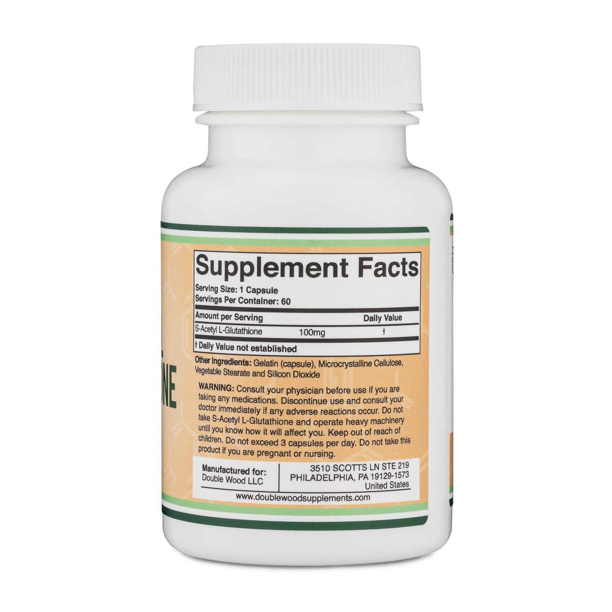 Double Wood S-Acetyl L-Glutathione 100mg bottle with capsules