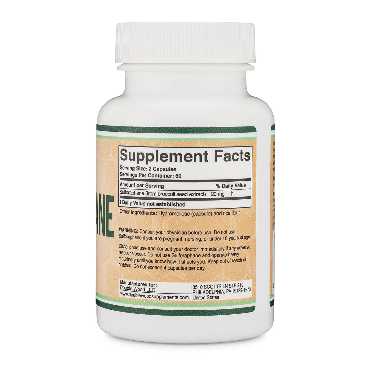 Double Wood Sulforaphane Glucosinolate 20mg bottle side view