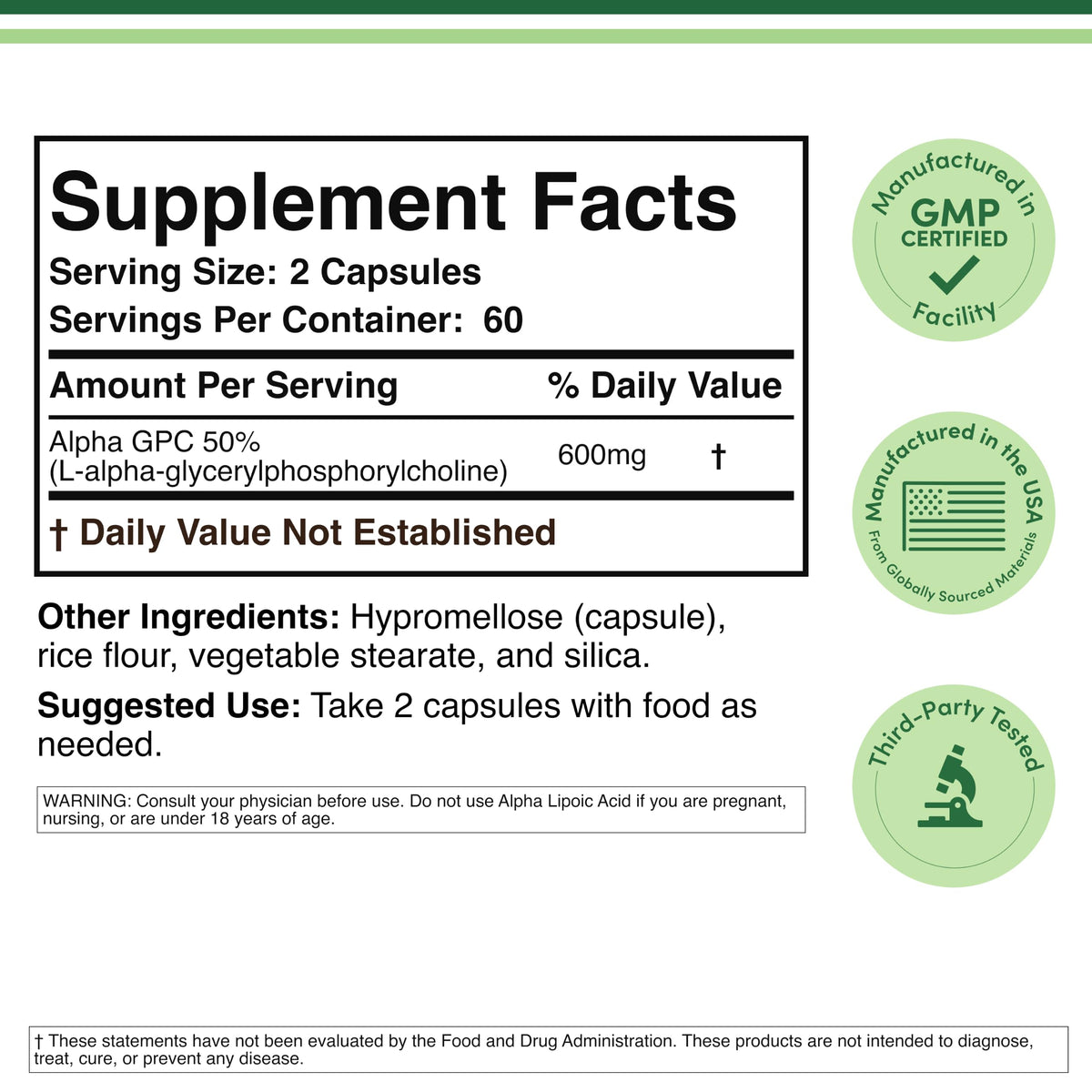 Double Wood Supplements Alpha GPC Choline 600mg bottle side view