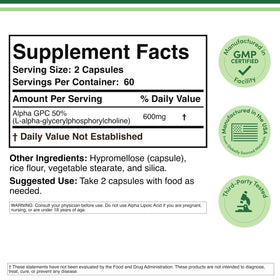 Double Wood Supplements Alpha GPC Choline 600mg bottle side view