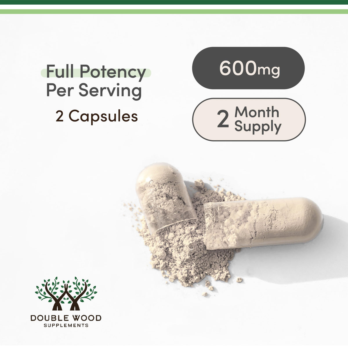 Double Wood Supplements Ashwagandha 600 mg capsules avec ingrédients