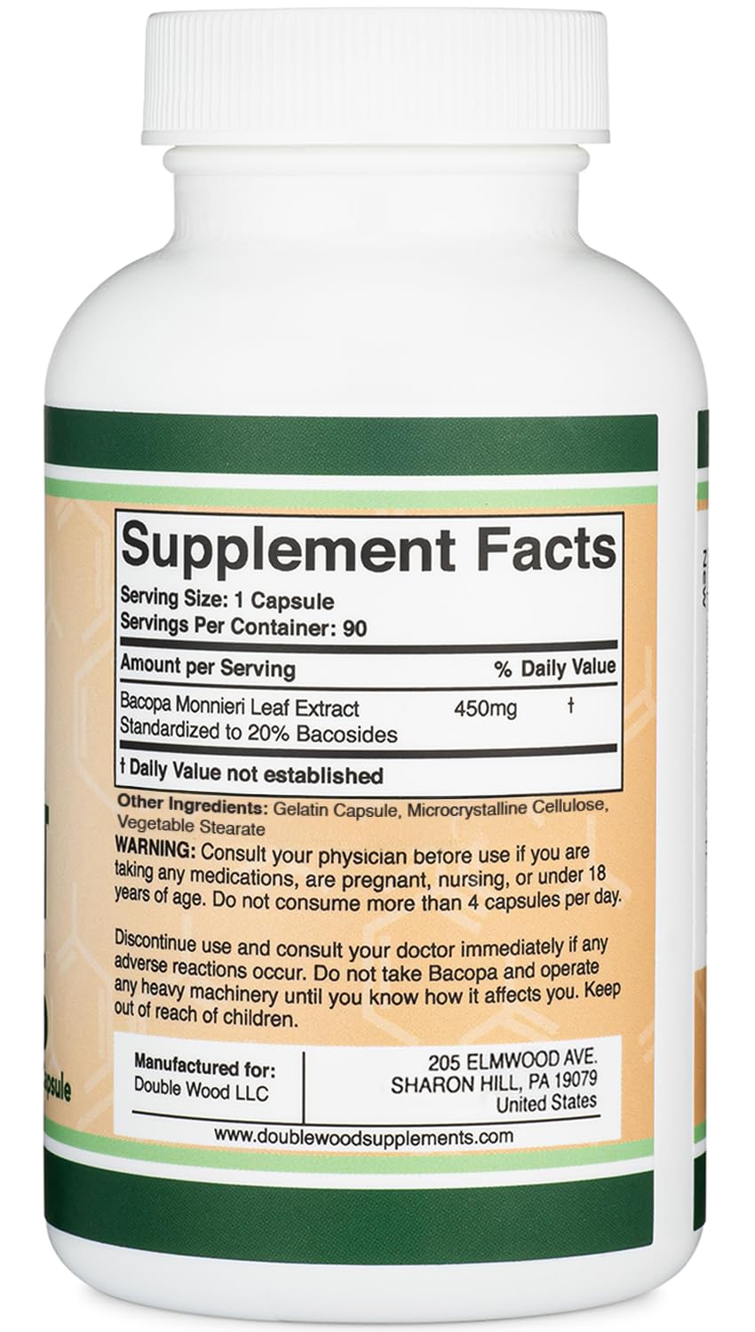 Double Wood Supplements Bacopa Monnieri 450mg arrière de l'emballage