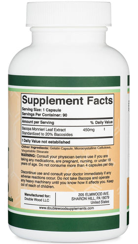Double Wood Supplements Bacopa Monnieri 450mg arrière de l'emballage
