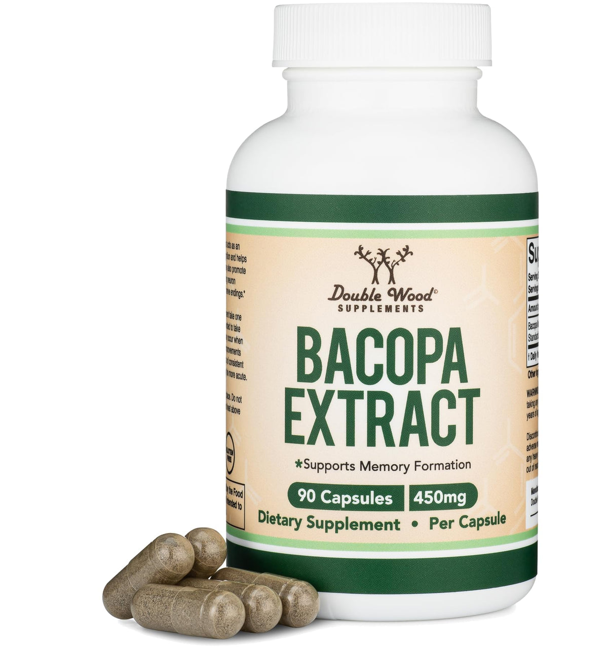 Double Wood Supplements Bacopa Monnieri 450mg sur une surface en bois
