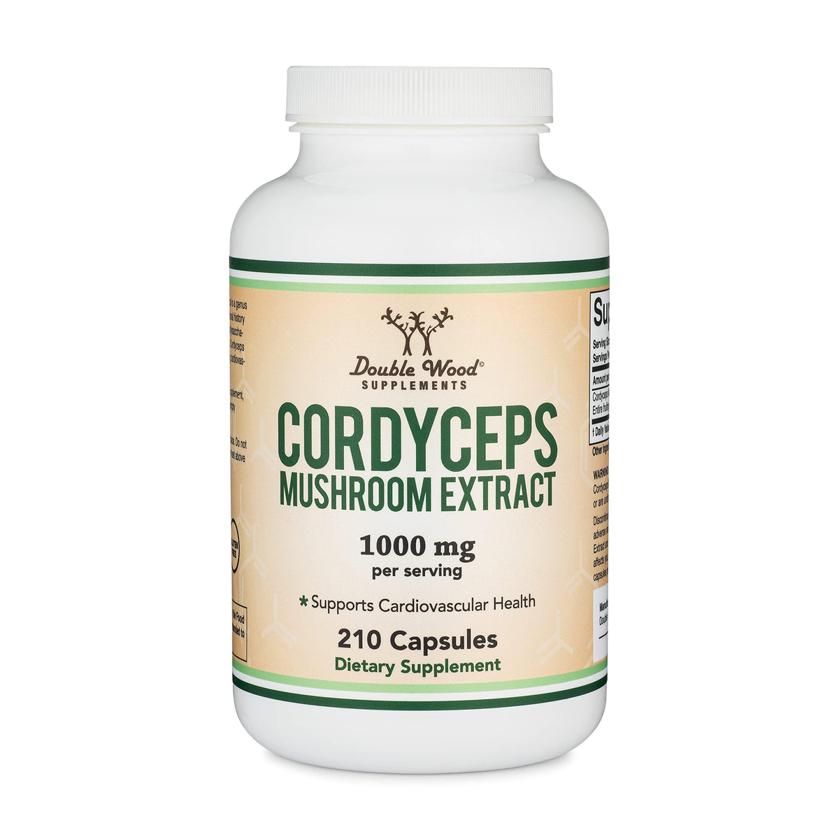 Double Wood Supplements Cordyceps 1 000 mg flacon ouvert montrant des capsules