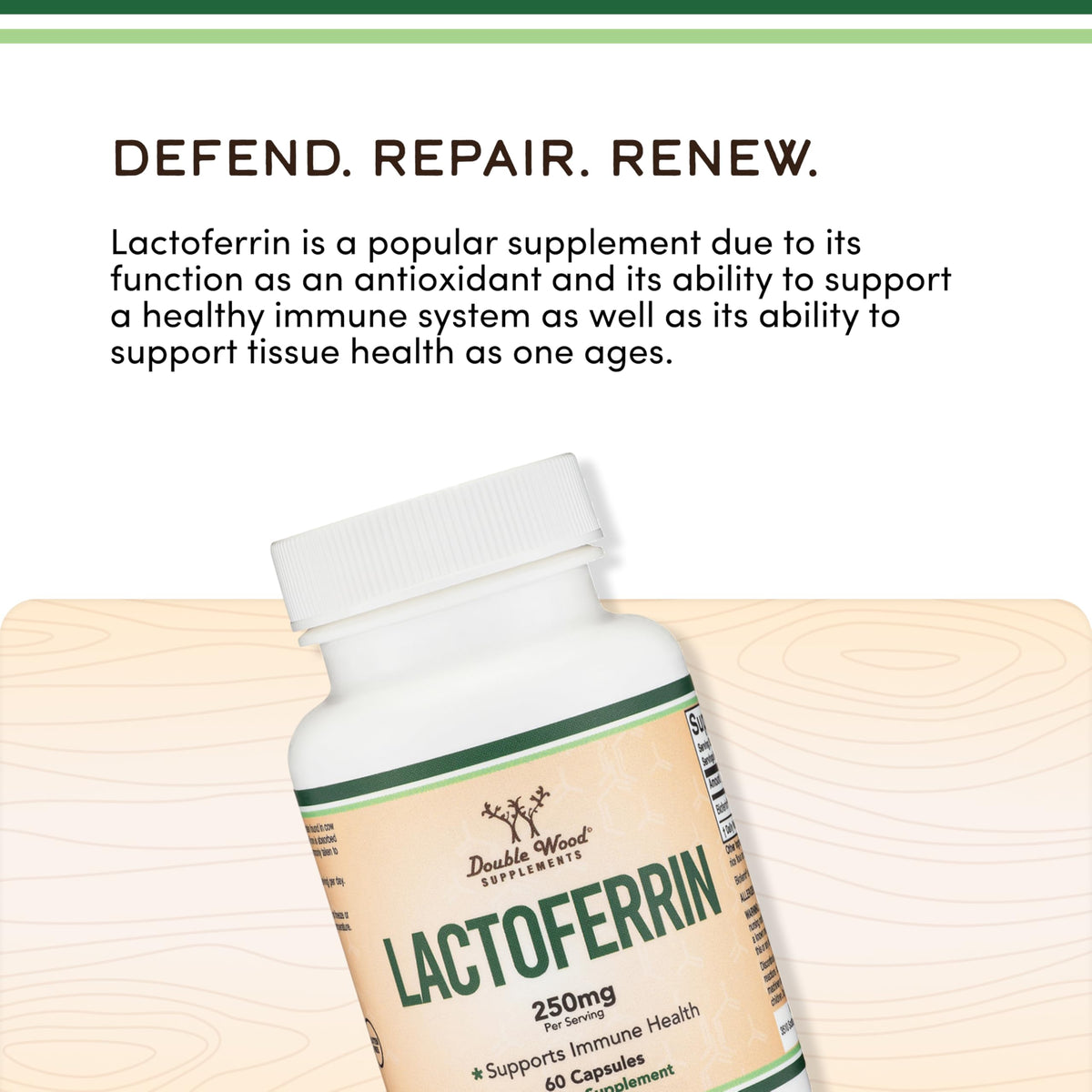 Double Wood Supplements Lactoferrin 250mg Bioferrin, contenu des capsules sur une table