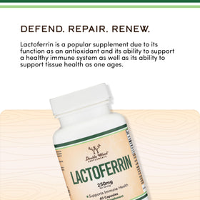 Double Wood Supplements Lactoferrin 250mg Bioferrin, contenu des capsules sur une table