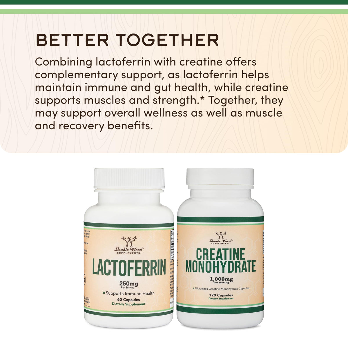 Double Wood Supplements Lactoferrin 250mg Bioferrin, étiquette détaillant les ingrédients