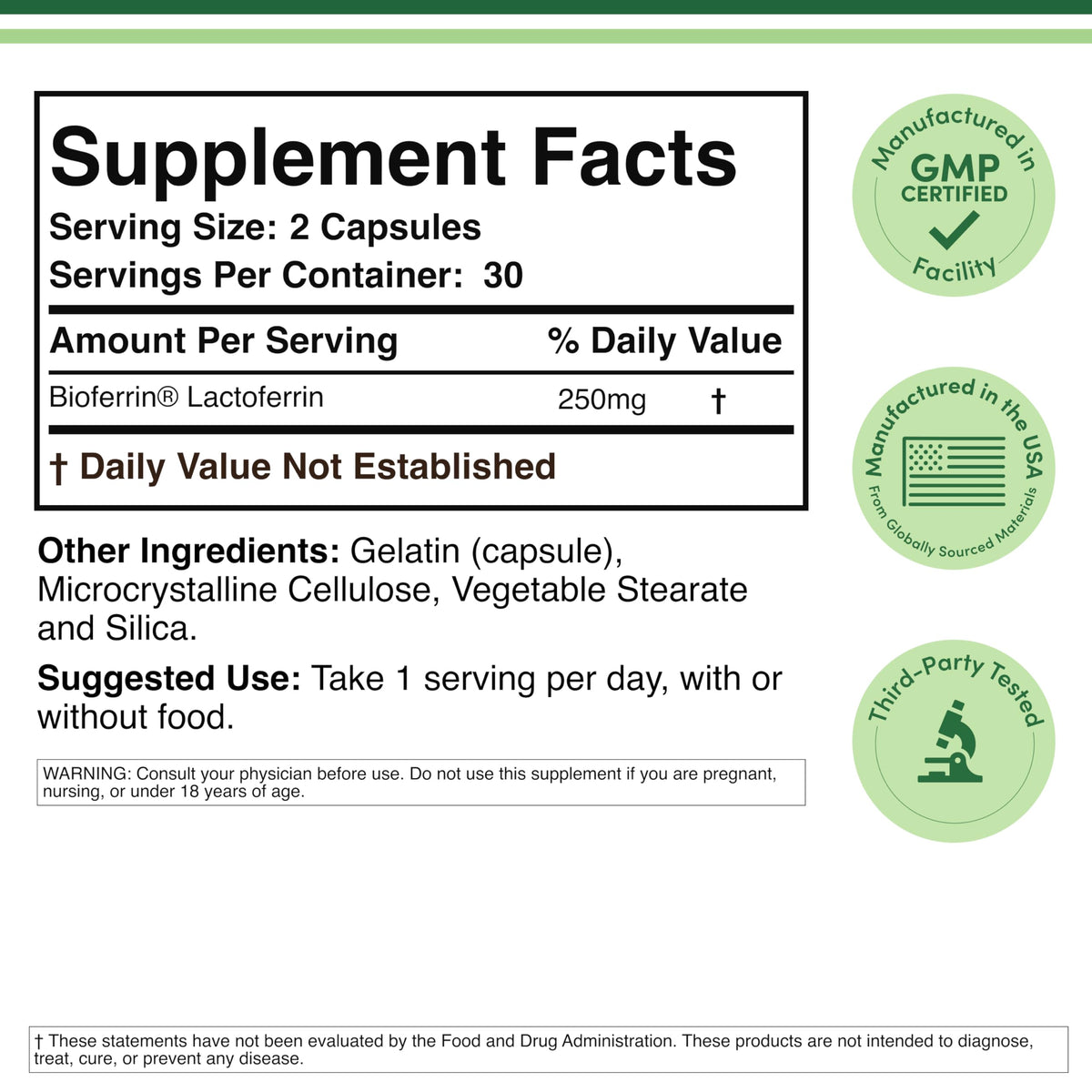 Double Wood Supplements Lactoferrin 250mg Bioferrin, vue avant des capsules