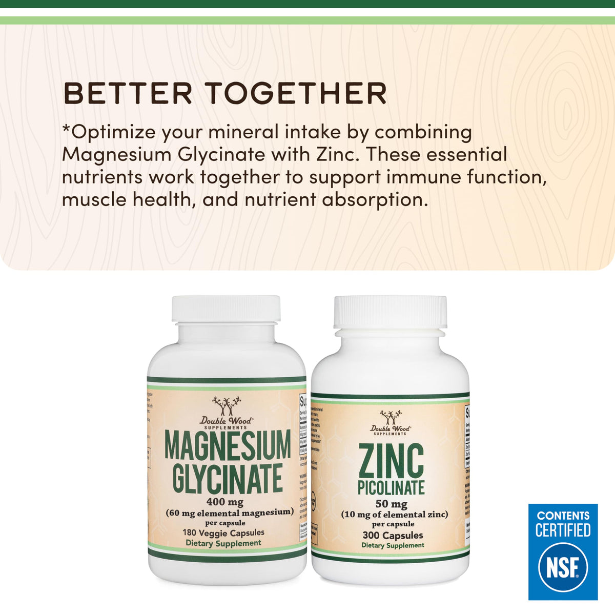 Double Wood Supplements Magnésium Glycinate 400mg 180 capsules avec d'autres compléments