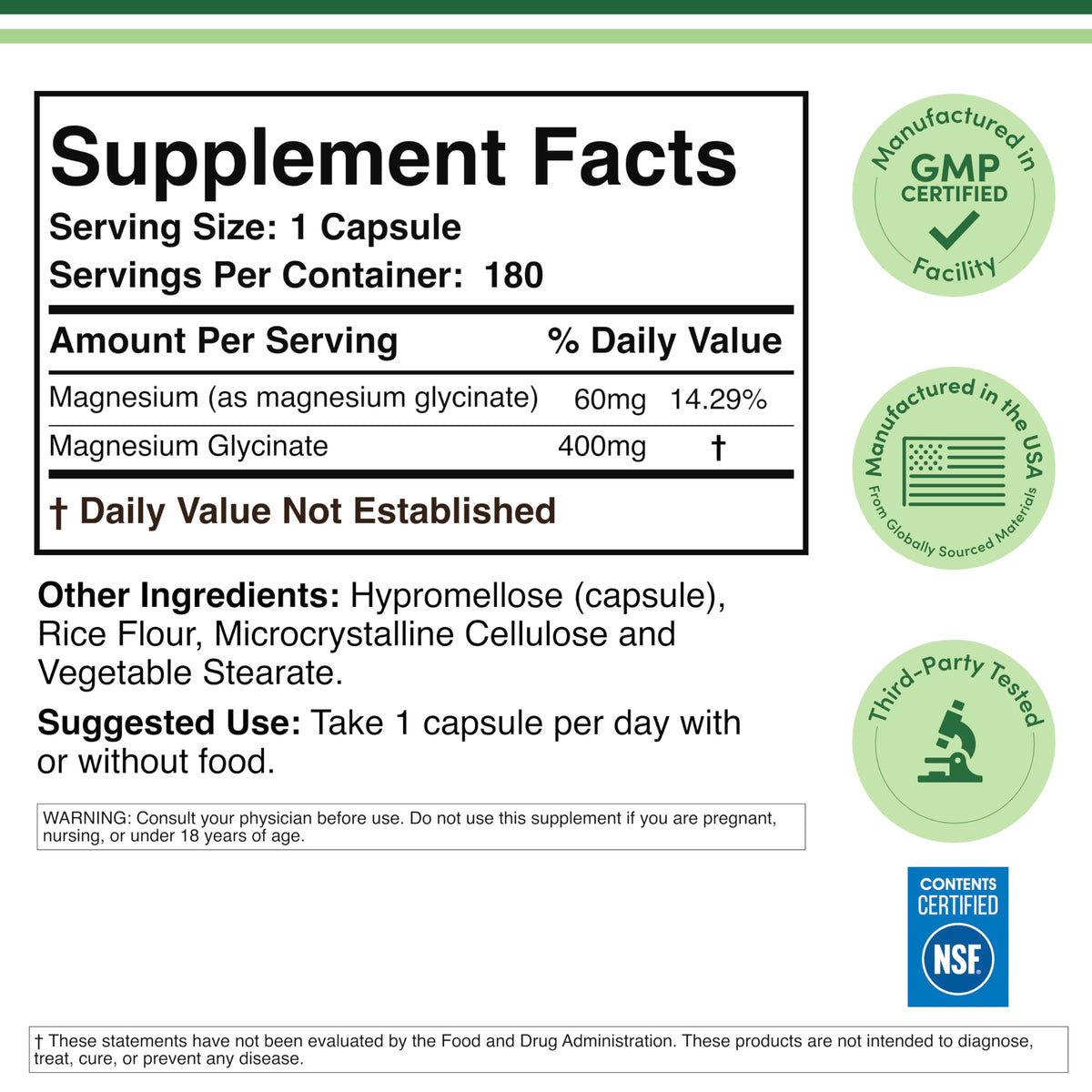 Double Wood Supplements Magnésium Glycinate 400mg 180 capsules avec étiquette
