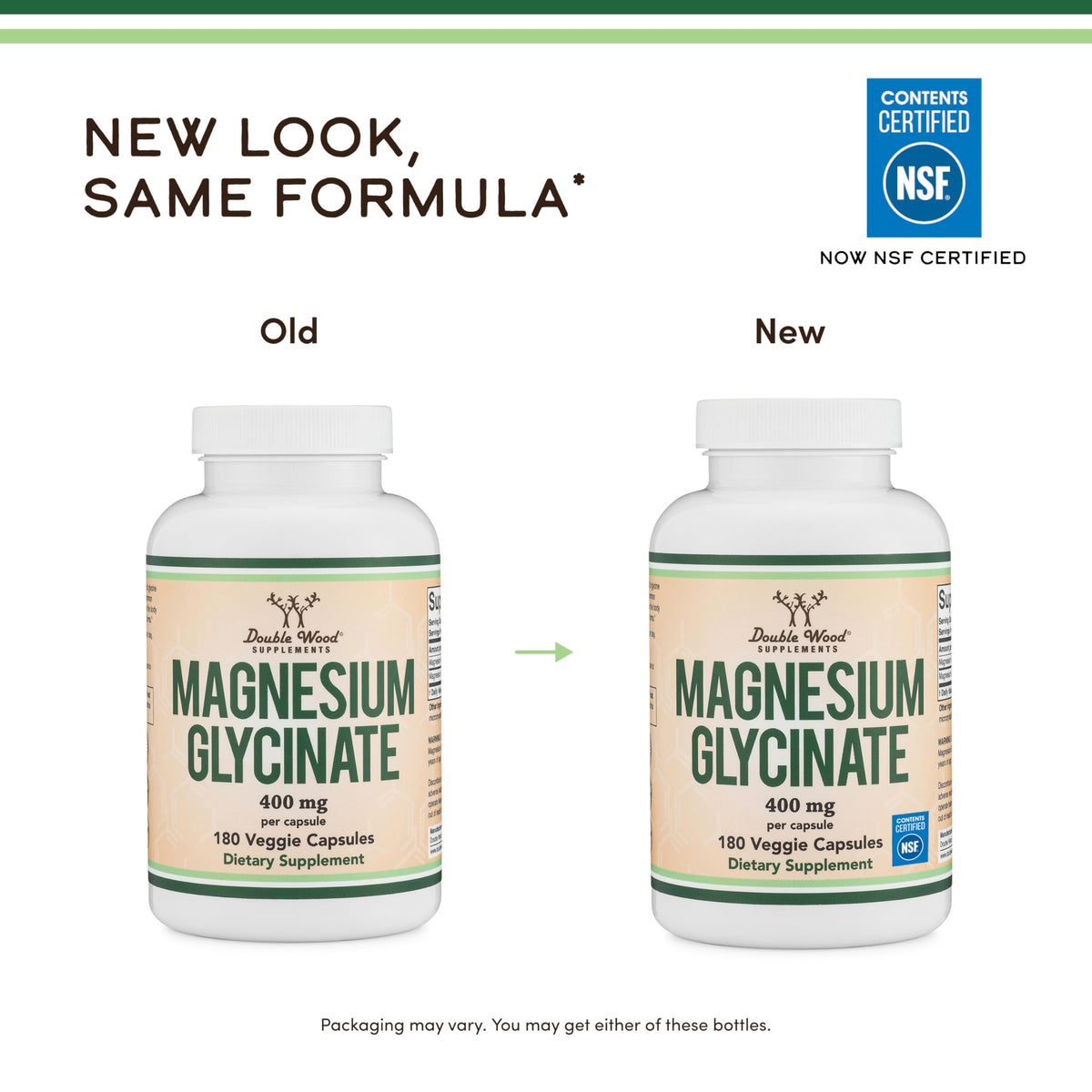 Double Wood Supplements Magnésium Glycinate 400mg 180 capsules sur fond blanc