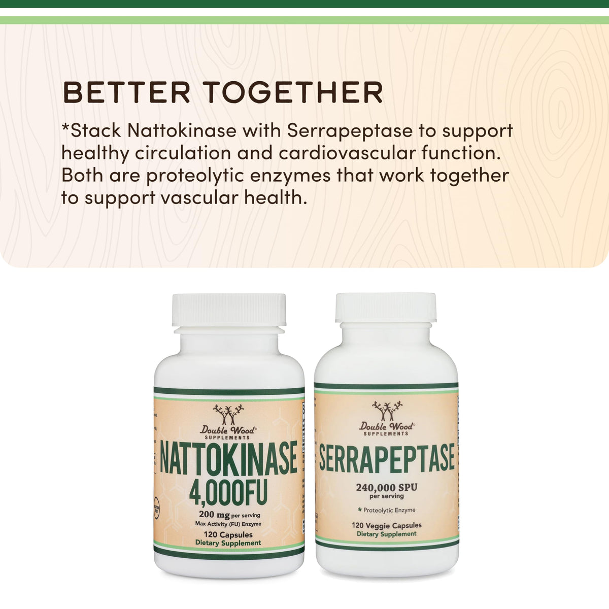 Double Wood Supplements Nattokinase 2000 FU 120 capsules avec étiquette détaillée